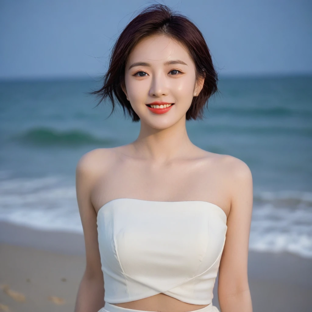 sunset red sun on the beach,A strong afterglow is reflected in the sea., Beautiful 36 year old short Korean woman, Chest size 34 inches, Wear sleeveless, light skirt. beautiful pretty woman look , wearing a light skirt , Go far into the sea water and dip your toes., Short medium hair blowing in the wind, 1 short woman, beautiful eyes, a little smile, Full body photo from a distance with a wide angle lens, The background is clear and perfect, waves driven by the wind