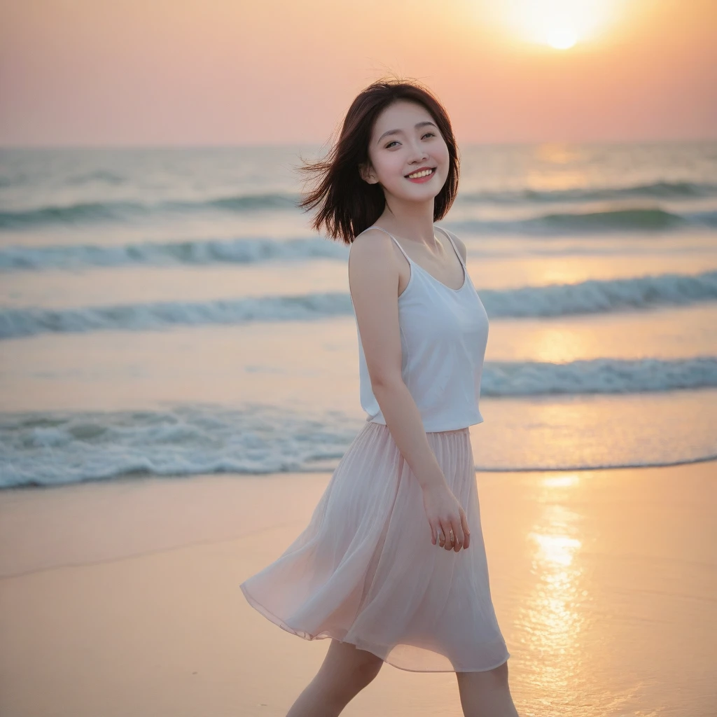 sunset red sun on the beach,A strong afterglow is reflected in the sea., Beautiful 36 year old short Korean woman, Chest size 34 inches, Wear sleeveless, light skirt. beautiful pretty woman look , wearing a light skirt , Go far into the sea water and dip your toes., Short medium hair blowing in the wind, 1 short woman, beautiful eyes, a little smile, Full body photo from a distance with a wide angle lens, The background is clear and perfect, waves driven by the wind