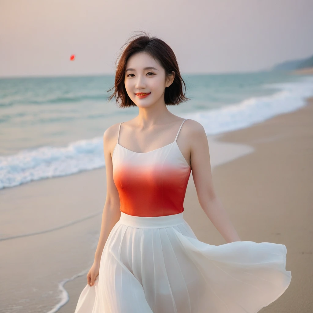 sunset red sun on the beach，A strong afterglow is reflected in the sea., Beautiful 36 year old short Korean woman, Chest size 34 inches, Wear sleeveless, light skirt. beautiful pretty woman look , wearing a light skirt , Go far into the sea water and dip your toes., Short medium hair blowing in the wind, 1 short woman, beautiful eyes, a little smile, Full body photo from a distance with a wide angle lens, The background is clear and perfect, waves driven by the wind