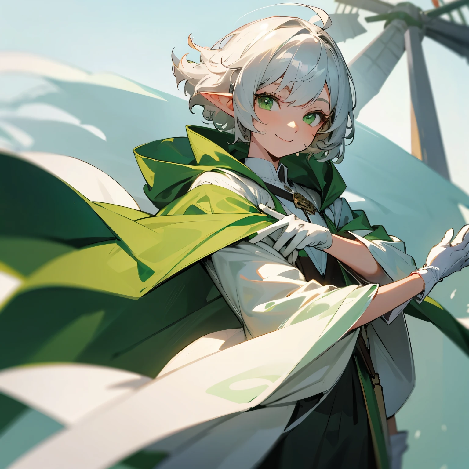 elf, silver hair,short hair, medium cut, ahoge, curly hair,green eyes,slender,fair skin, green robe, cloak,White gloves,Smile, windmill、The wind blowing through