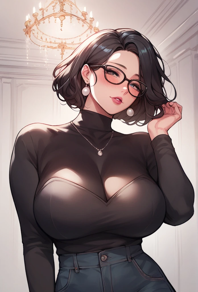 Hot sexy beautiful cute milf , silver chandelier earrings,big saggy breasts,  lipstick,makeup, black hair ,two falling hair strands,blush,short hair ,black glasses ,black sweater ,pants