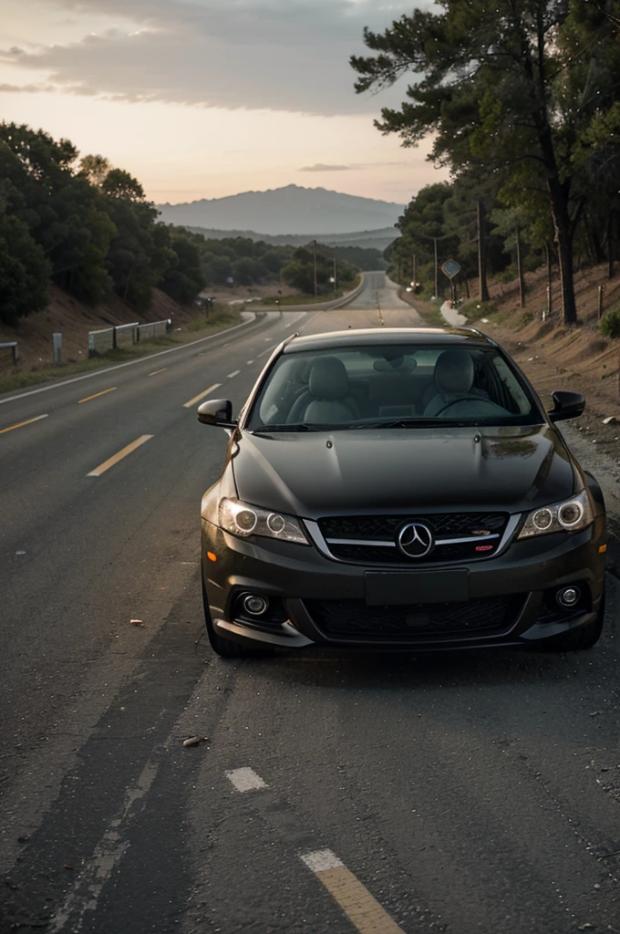 "On a deserted, winding road at dusk, a car advances at high speed. The driver, with a tired expression, is clearly exhausted, with half-closed eyes and an empty coffee cup on the console next to him. The road ahead is poorly lit, with sharp curves and signs warning of wild animals crossing. in the back seat, several empty energy drink cans are scattered. The car approaches a poorly marked construction area, further increasing the danger. The combination of fatigue, Speeding, and distraction creates an atmosphere of imminent risk."