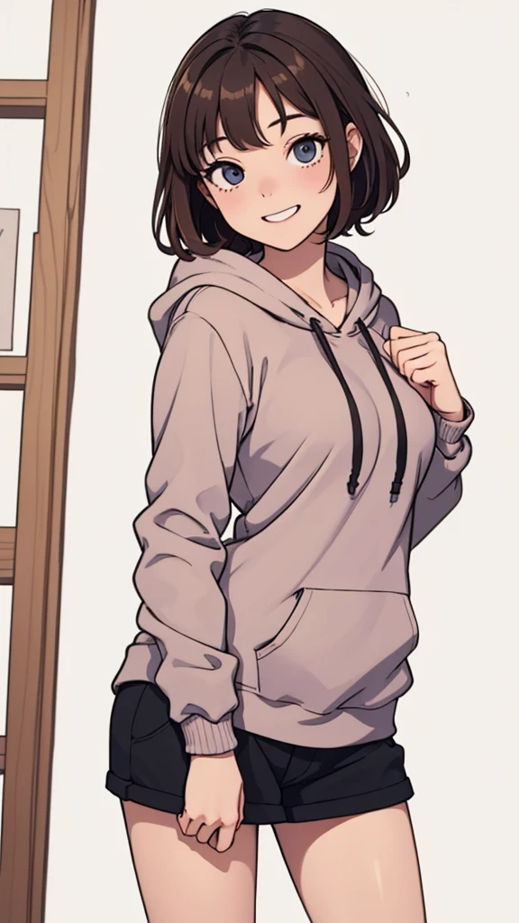 (((masterpiece, best quality, ultra highres, 1 girl, solo, no background))), super detailed skin and face and eyes and finger, beautiful japanese woman, small breasts:1.5, skinny, light brown hair, white background, very short curly pixie hair, (an illustration of girl), Knee shot, Generate with illustrations, Various expressions, Various poses, Please draw the entire character within the frame, ensuring that the head, arms, and legs are not cut off. The background should be simple, with the character positioned centrally, outline, anime, hoodie, laugh, boyish,