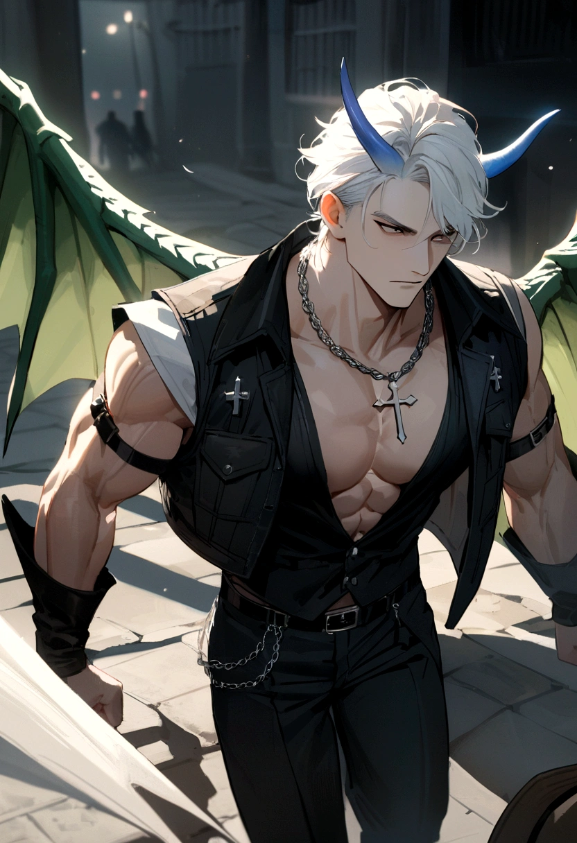 homen,strong muscles, White hair, best qualityer,open chest vest, blue and black clothes, Dragon Wings, black cloth on face, silver cross chain around neck, fedora hat with blue horns