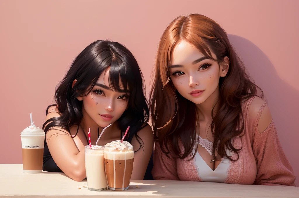 two women sitting at a table with a cup of coffee, photoshoot for skincare brand, product introduction photo, official product photo, full image, drink milkshakes together, product introduction photos, smooth in _ the background, two models in the frame, high resolution product photo, mid portrait, in the background, bottom angle, mid shot portrait, product shoot, portrait shot