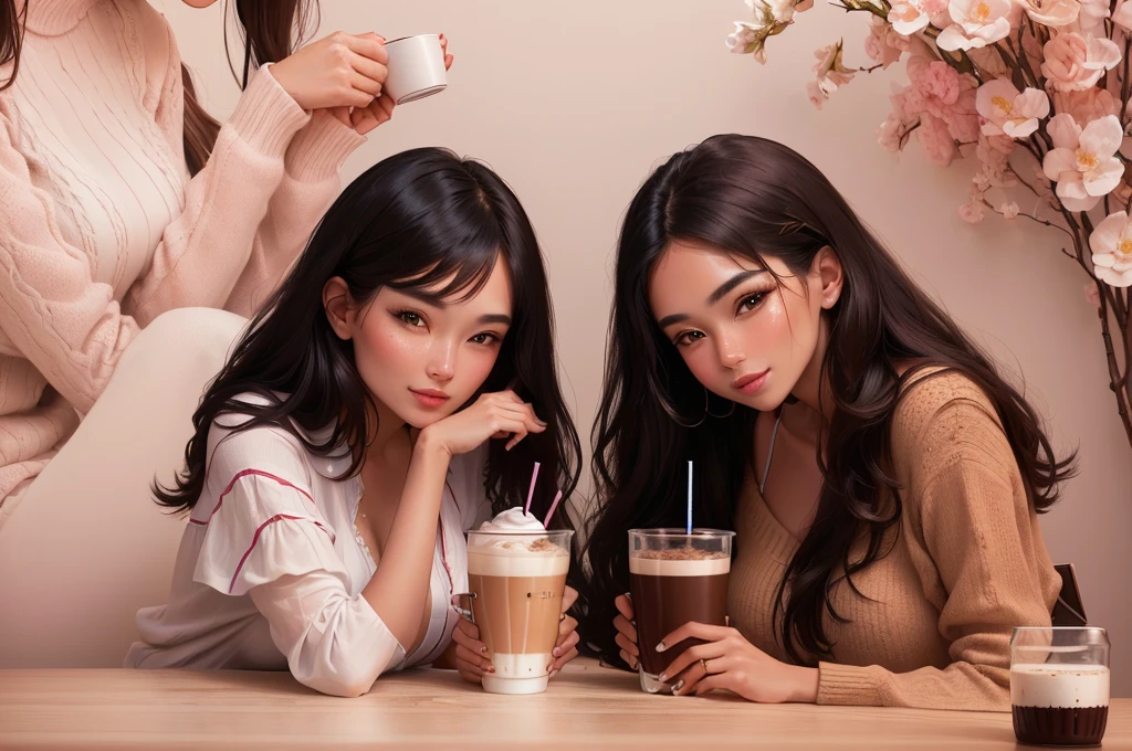 two women sitting at a table with a cup of coffee, photoshoot for skincare brand, product introduction photo, official product photo, full image, drink milkshakes together, product introduction photos, smooth in _ the background, two models in the frame, high resolution product photo, mid portrait, in the background, bottom angle, mid shot portrait, product shoot, portrait shot