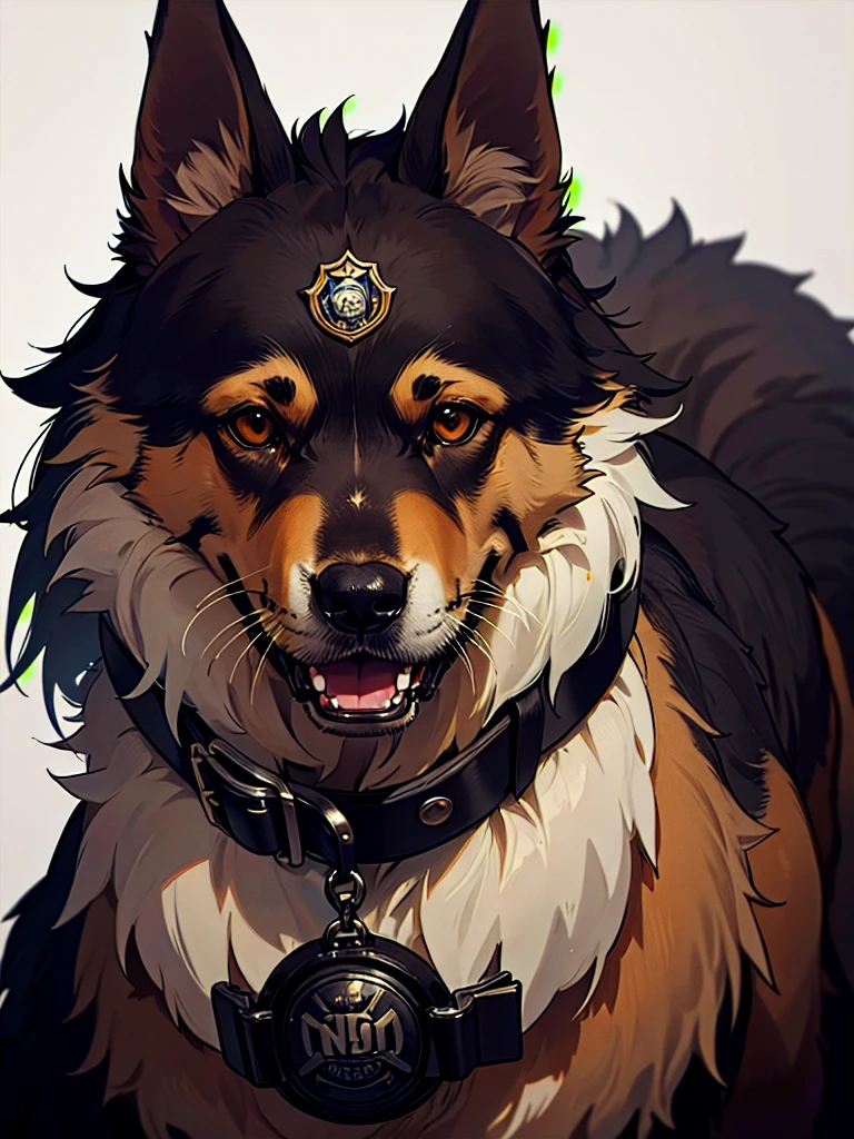 ((Portrait)), He is a German Shepherd with a Strong and Athletic Build, Displaying a Loyal and Courageous Demeanor. His Fur is a Mix of Black and Tan, with Darker Shades Around His Back and Muzzle. He has Piercing Brown Eyes that Convey Intelligence and Alertness. His Ears are Upright, Always Attentive to His Surroundings. He Wears a Tactical Harness with a Police Badge and 'K-9' Insignia, Along with Protective Dog Booties. His Overall Look is Professional and Ready for Action, Yet He Exudes a Sense of Dedication and Determination. ((Portrait, HDR, Dark Background))