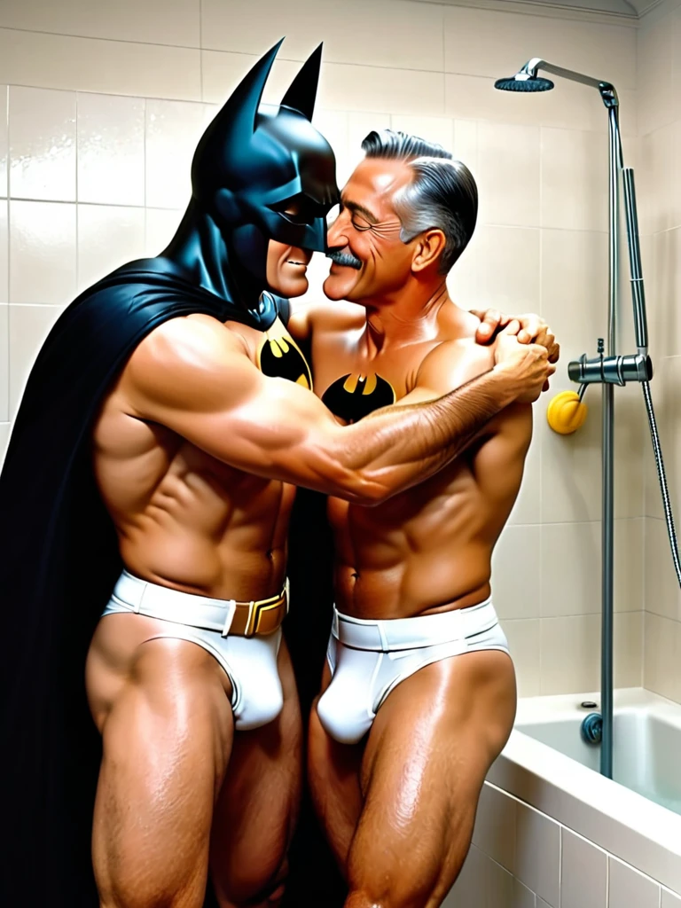 1980s, luxurious shower room, gay, bara, 2men, two men naked, wearing only white briefs, Batman hugs and licks the chest of his beloved old man Alfred with a smile like a , slim tall Alfred accepts it with a smile and strokes Batman's head