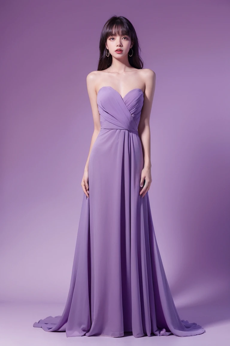 21yo girl, elegant gown, purple background
