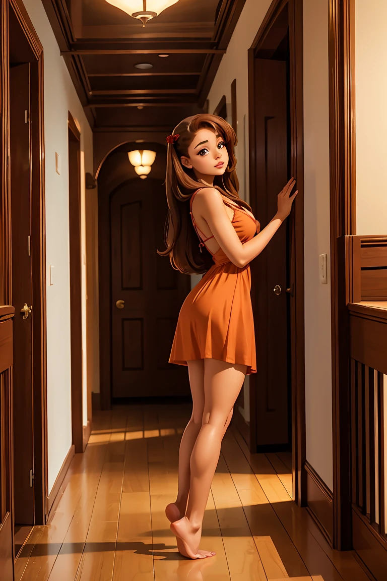 Ariana Grande, full body view, barefoot, Long brown hair, light brown eyes, red mini dress, flowy dress, cleavage, hallway background, standing up, hand on the wall, side view, looking camera, sexy look