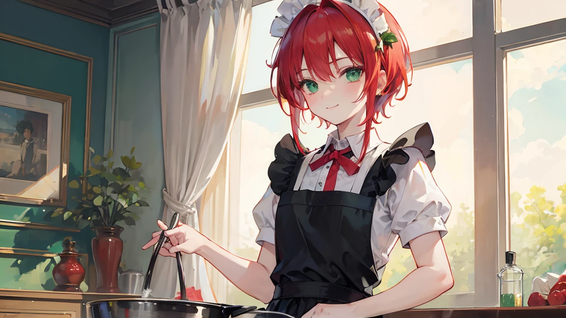 Highest quality, masterpiece, alone, One boy, smile,Redhead, Maid, Maid apron, Maid headdress, Green Eyes,