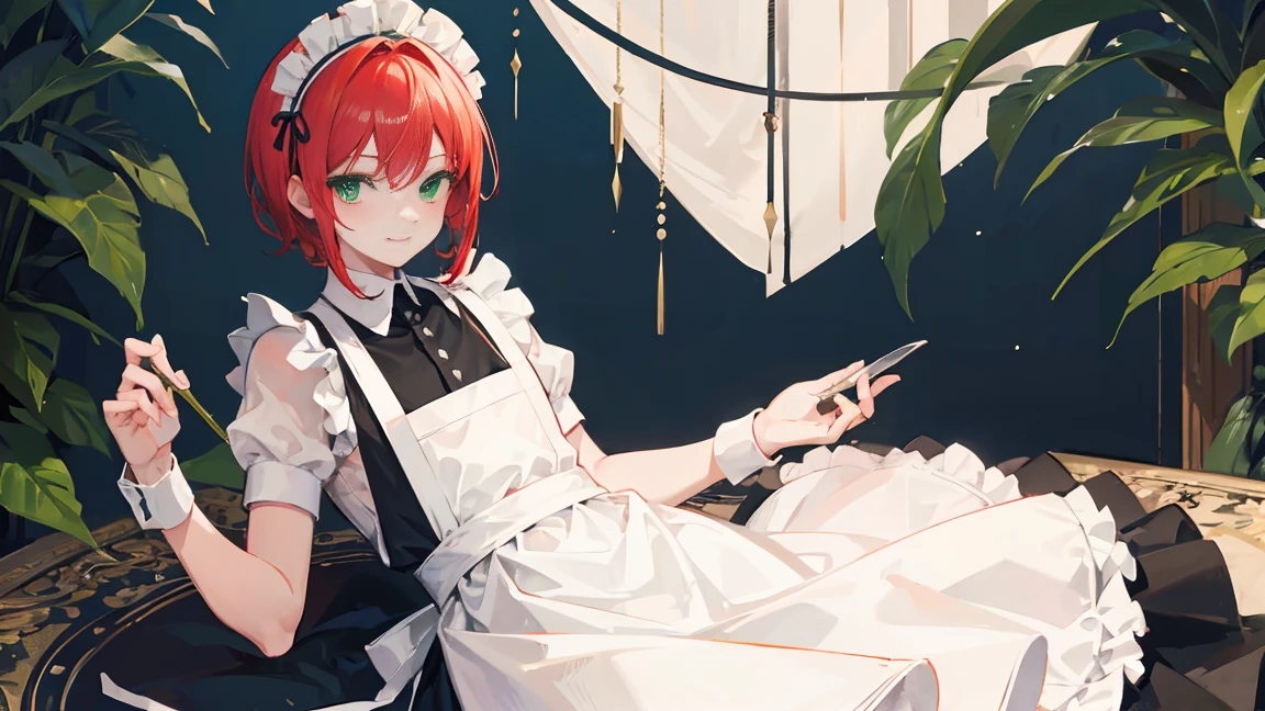 Highest quality, masterpiece, alone, One boy, smile,Redhead, Maid, Maid apron, Maid headdress, Green Eyes,