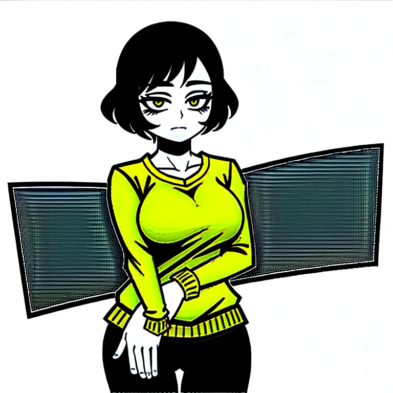 voluptuous,Score12, black hair,yellow sweater, alone