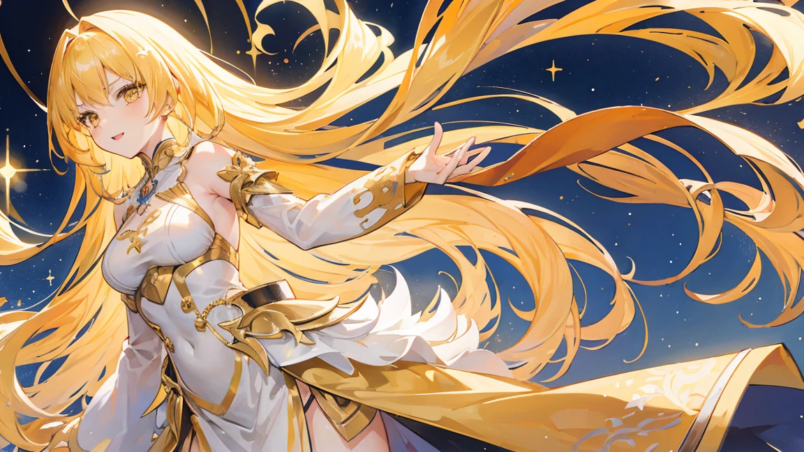 girl, Flowing golden blonde hair, Yellow Eyes, Golden Imperial Costume, Neckline, anime, In the background is a clear sky with sparkling lights, Dynamic Angle, Arrogant Laugh