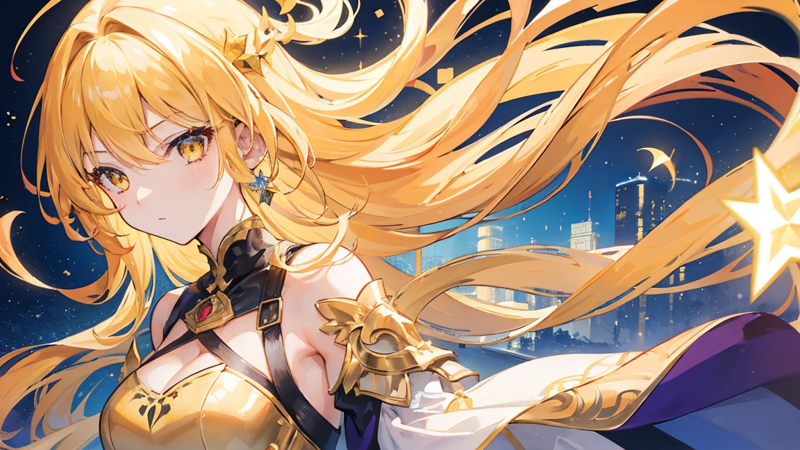 girl, Flowing golden blonde hair, Yellow Eyes, Golden Imperial Costume, Neckline, anime, In the background is a clear sky with sparkling lights, Dynamic Angle, Arrogant Laugh