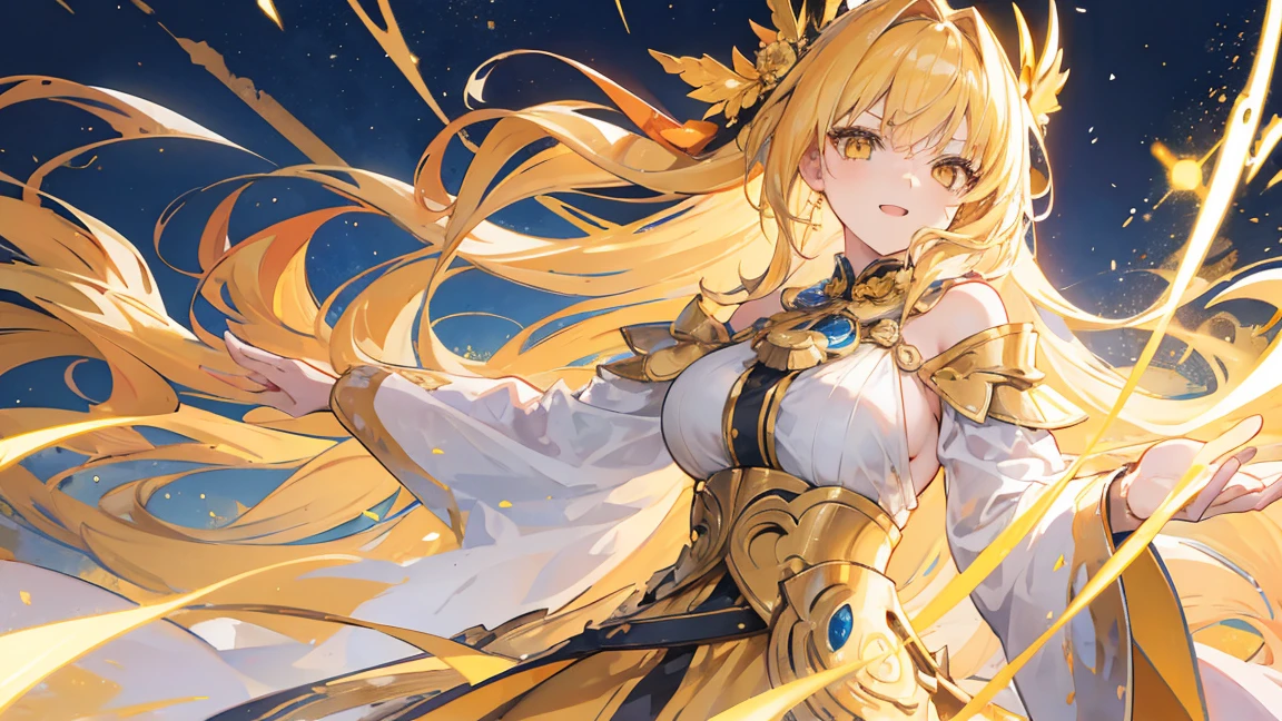 girl, Flowing golden blonde hair, Yellow Eyes, Golden Imperial Costume, Neckline, anime, In the background is a clear sky with sparkling lights, Dynamic Angle, Arrogant Laugh