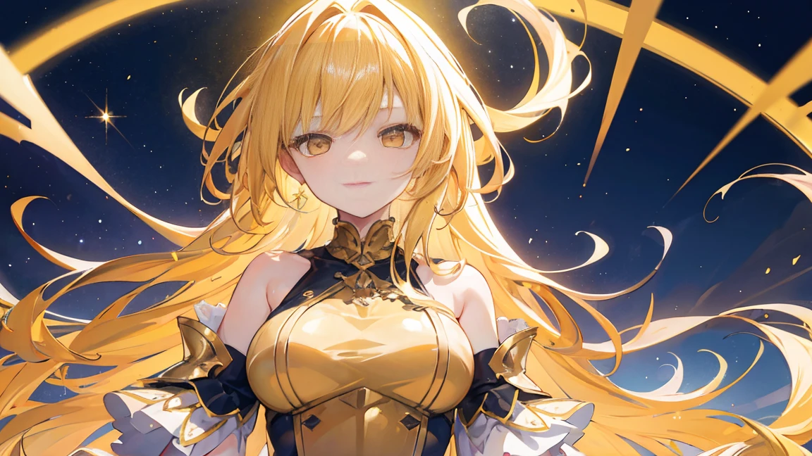 girl, Flowing golden blonde hair, Yellow Eyes, Golden Imperial Costume, Neckline, anime, In the background is a clear sky with sparkling lights, Dynamic Angle, Arrogant Laugh