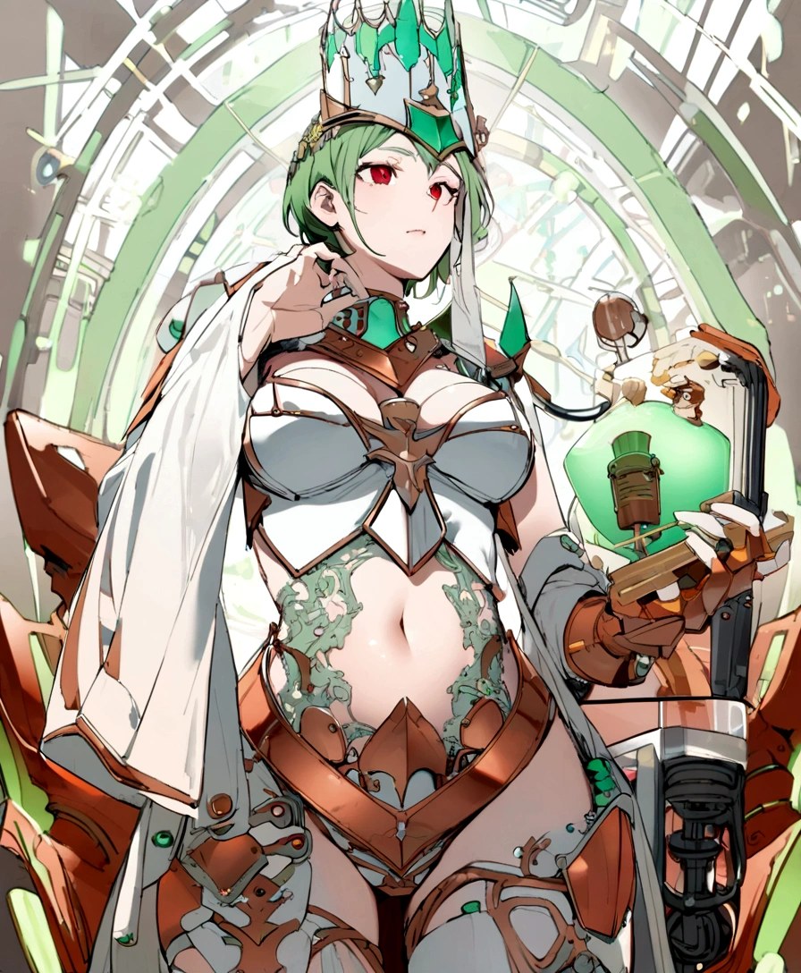 Copper bikini armor, copper crown, bare belly, big breasts, green hair, red eyes, bikini armor, copper, technology, scientist 