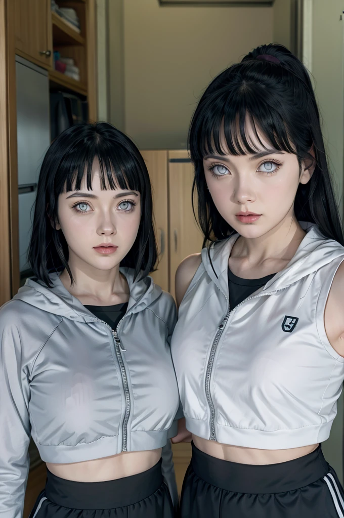 Hinata and hanabi from naruto, realistic, age 25, extreme pure white skin, white eyes, black long bangs, hair, perfect face, perfect shape body, large breasts, clothes covered upper body, 3d