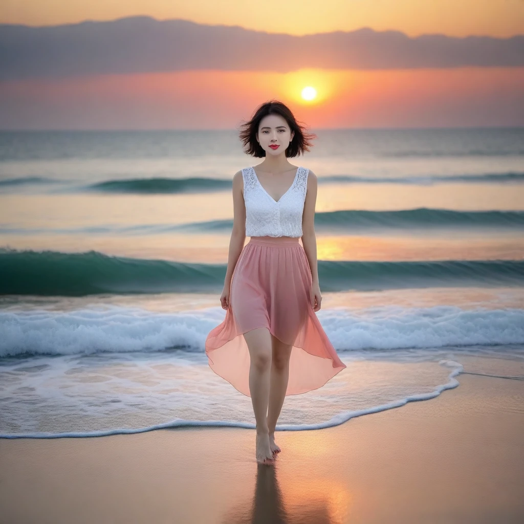 sunset red sun on the beach，A strong afterglow is reflected in the sea., Beautiful 36 year old short Korean woman, Chest size 34 inches, Wear sleeveless, light skirt. beautiful pretty woman look , wearing a light skirt , Go far into the sea water and dip your toes., Short medium hair blowing in the wind, 1 woman, beautiful eyes, a little smile, Full body photo from a distance with a wide angle lens, The background is clear and perfect, waves are coming.
