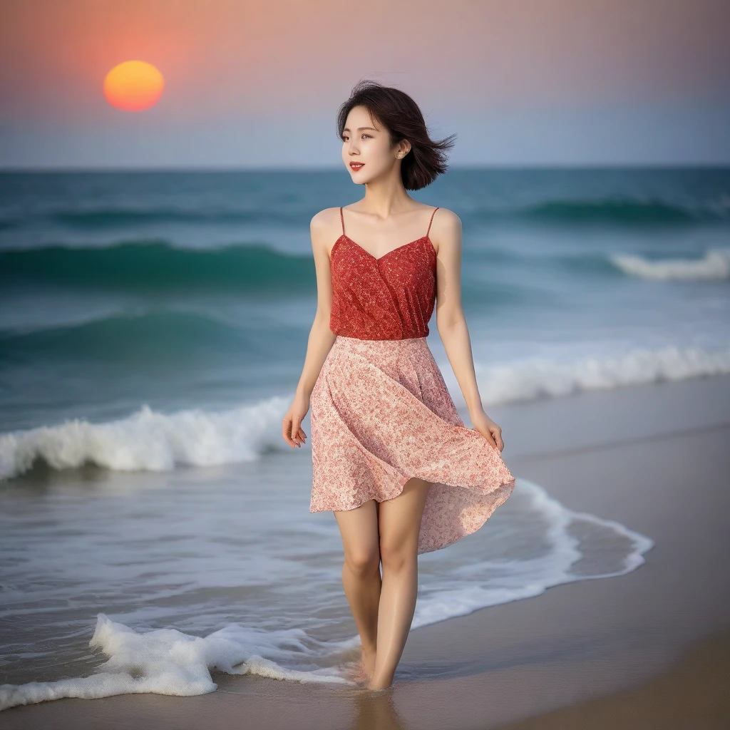 sunset red sun on the beach，A strong afterglow is reflected in the sea., Beautiful 36 year old short Korean woman, Chest size 34 inches, Wear sleeveless, light skirt. beautiful pretty woman look , wearing a light skirt , Go far into the sea water and dip your toes., Short medium hair blowing in the wind, 1 woman, beautiful eyes, a little smile, Full body photo from a distance with a wide angle lens, The background is clear and perfect, waves are coming.