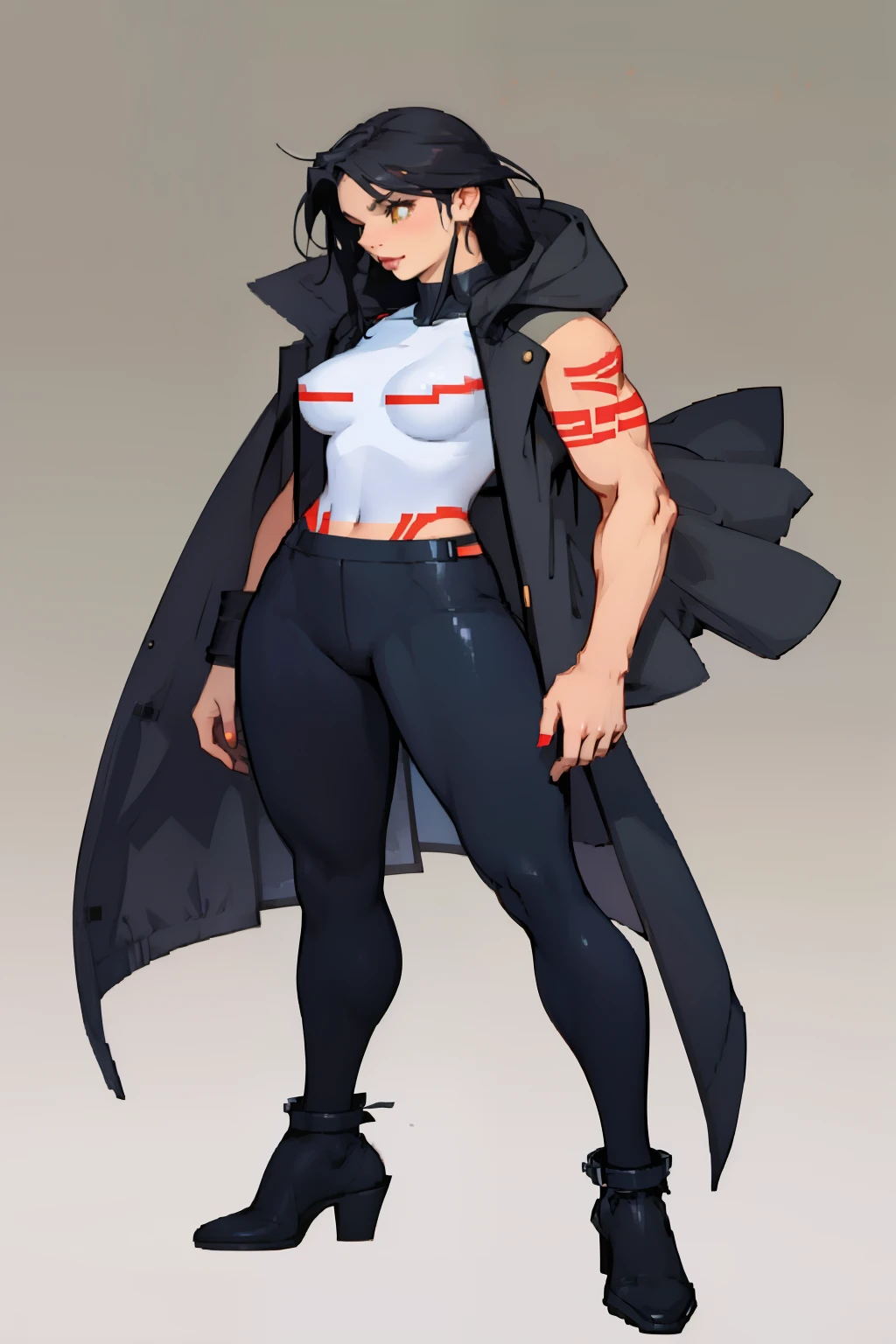 best quality solo girl simple background full body standing muscular girl black hair yellow eyes solo thick girl pale skin