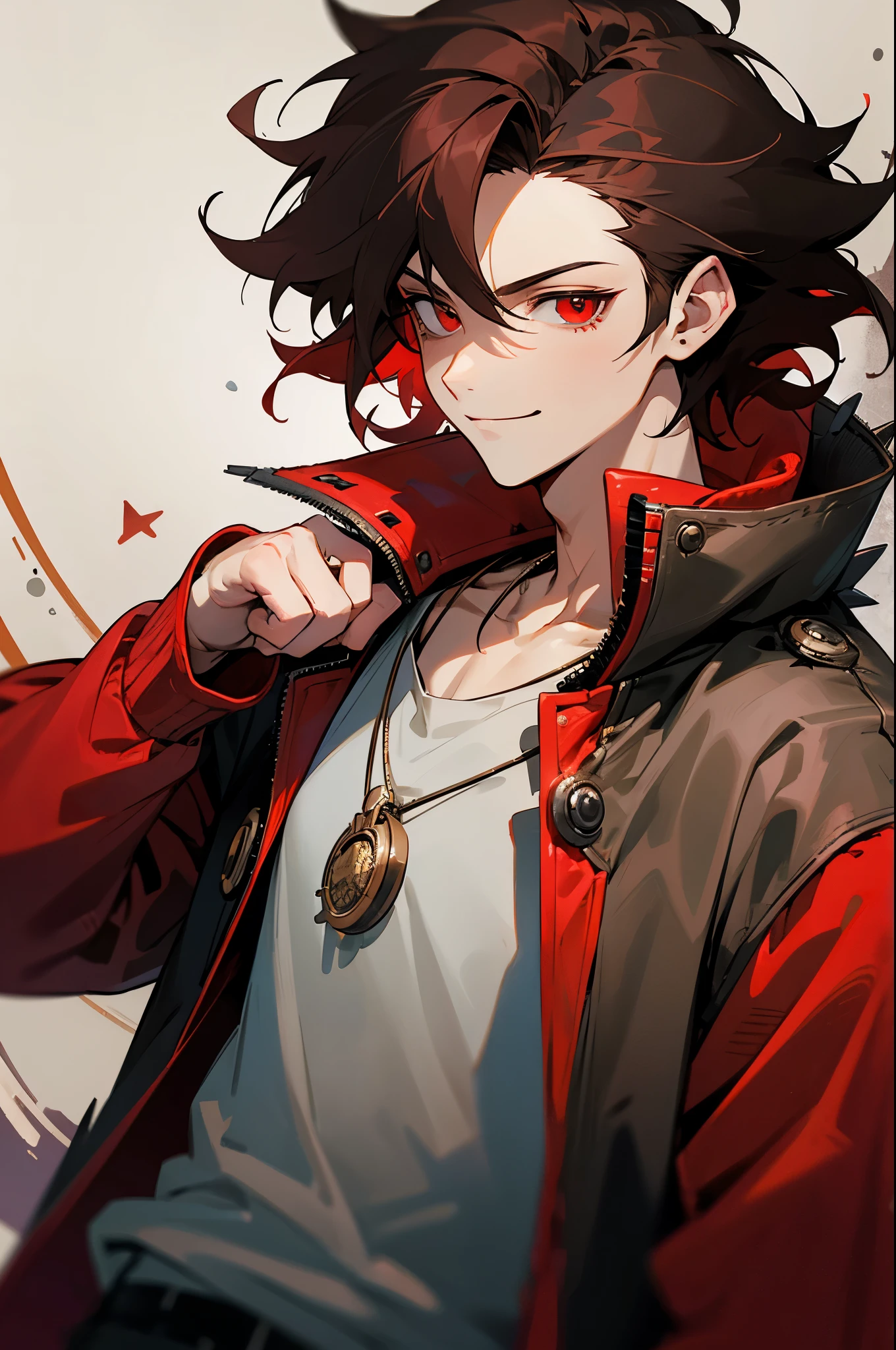 (high-quality, breathtaking),(expressive eyes, perfect face) 1boy, male, solo, young adult, black hair, red streaks in hair, red highlights, fire red eyes, soft wavy hair, short hair length, soft smile, spiky hair, fluffy hair, spiked up hair, black and red jacket, trim, punk jacket, stylized clothing, red shirt, confident smile, age 17, circle locket pendant necklace, dark scars on beck, space background, stars background, galaxy background
