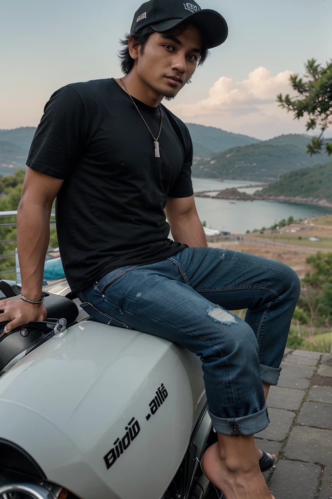 a young man aged 35 with a body weight of 50 kg dressed in black with a black hat and a logo " JayaTama " short jeans and flip-flops, sitting on an old motorbike with a beautiful and cool view in the background,5D