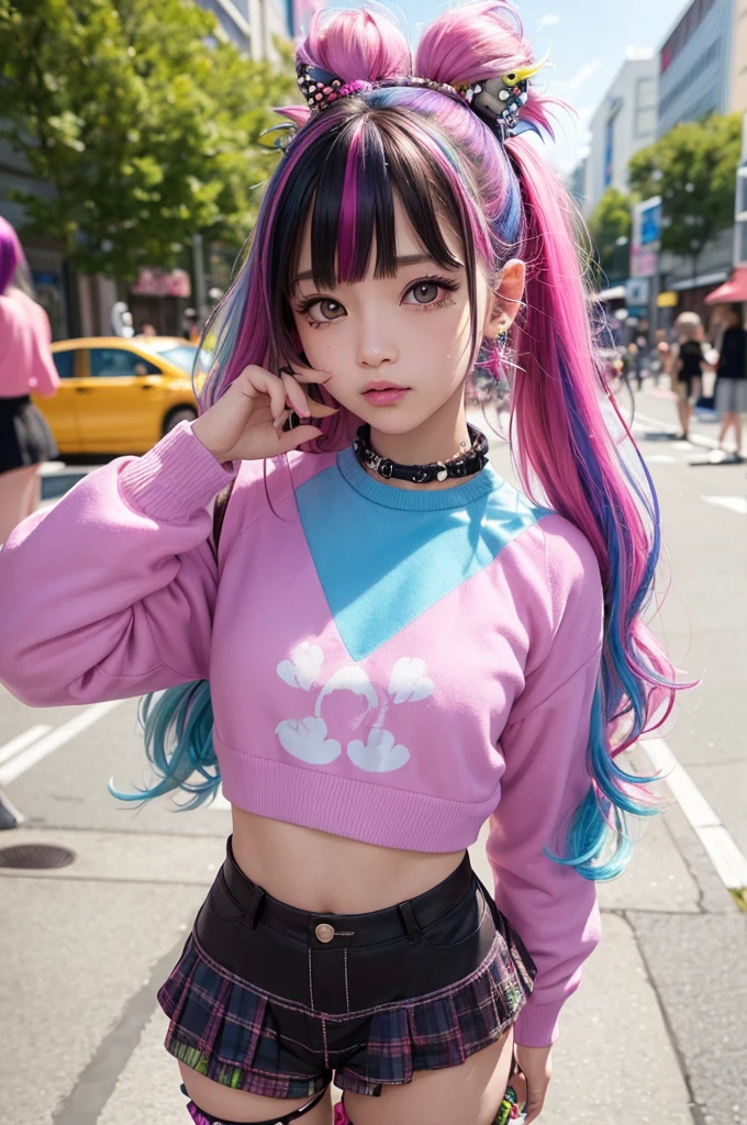photorealistic,(4k,masterpiece, best quality,ultra highres),
1girl,cute,teen,kawaii,(random color hair,multicolored hair:1.2),(harajuku-style decora punk fashion:1.5),(girl with layered colorful clothing:1.3),(multiple hair clips),knee-high socks with different patterns),carrigyng a pulshie,standing at harajuku street,dynamic angle,(cowboy shot:1.0),happily,pose,BREAK.beautiful detailed face,shiny skin, eyes with large brown irises, small mouth, fresh lips, tall , nose blush, medium breasts,candy,