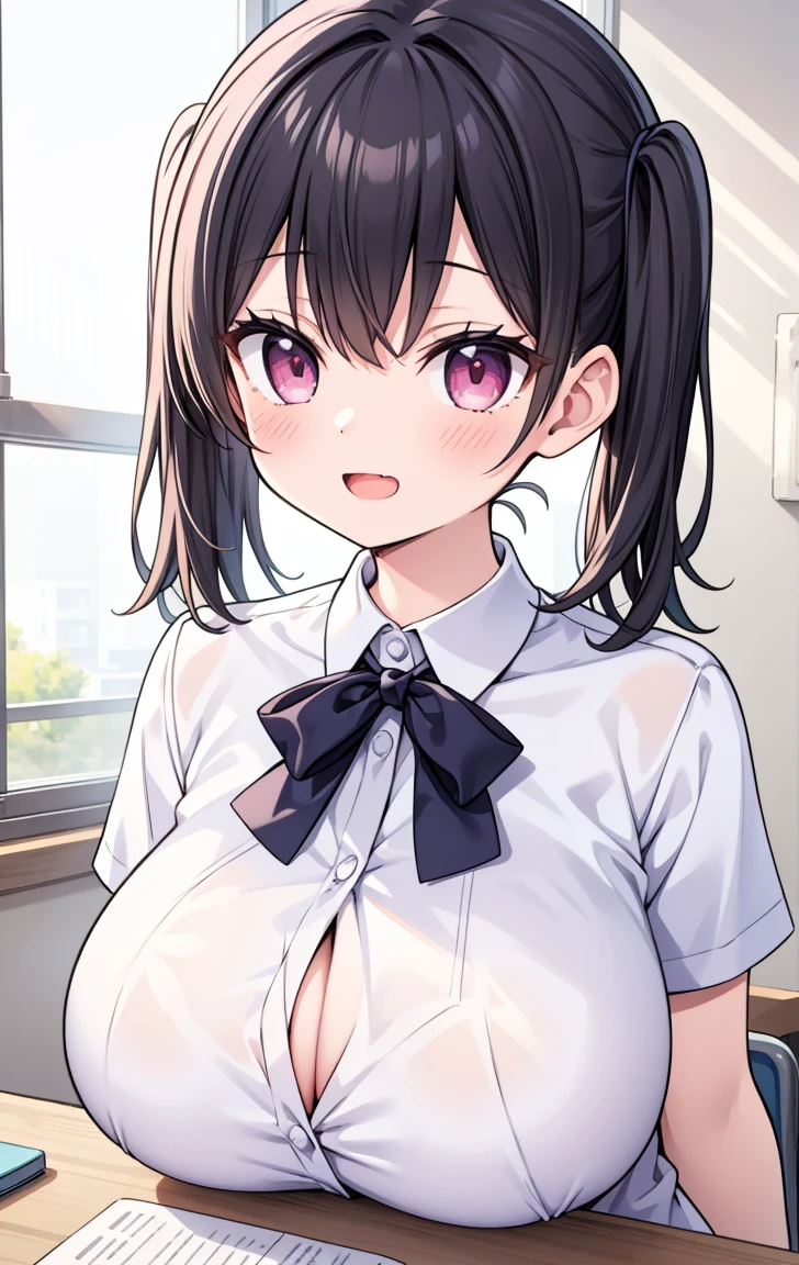 (Pieces fly, Highest quality, High resolution, Ticker, Pixel perfect, Depth of written border, In 4K), 
1 Girl, alone, , Beautiful Anime Girls, 
View your viewers, 
Perfect body,  

short hair, Black Hair, Pink Eyes, 

smile,  Open your mouth, blush, 

JK Huge , White shirt, big , Blue Ribbon, 
classroom, 

throw, Close-up shot, Twin tails