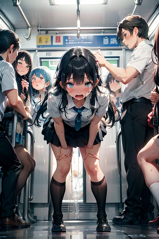 NSFW、masterpiece, 最high quality, high quality, High resolution, One girl, alone, Blue Hair, Long Hair, blue eyes, White shirt ,Black office skirt, Knee socks, whole body, ((Standing leaning forward))、Depth of written boundary, In a crowded train,(((Surrounded by men))),(((Molester)))、(((Body odor、Bad smell)))、(((Sweat)))、((((Sweat染み、Yellowing、odor))))、(((Soaking wet)))、(((((Love juice)))))、((((Detailed pussy))))、(((((Pooping)))))、((Leg spread))、(((Covered in bodily fluids)))、(((Squirting)))、(((cry)))、(((blush)))、(((Poop dripping down my legs)))