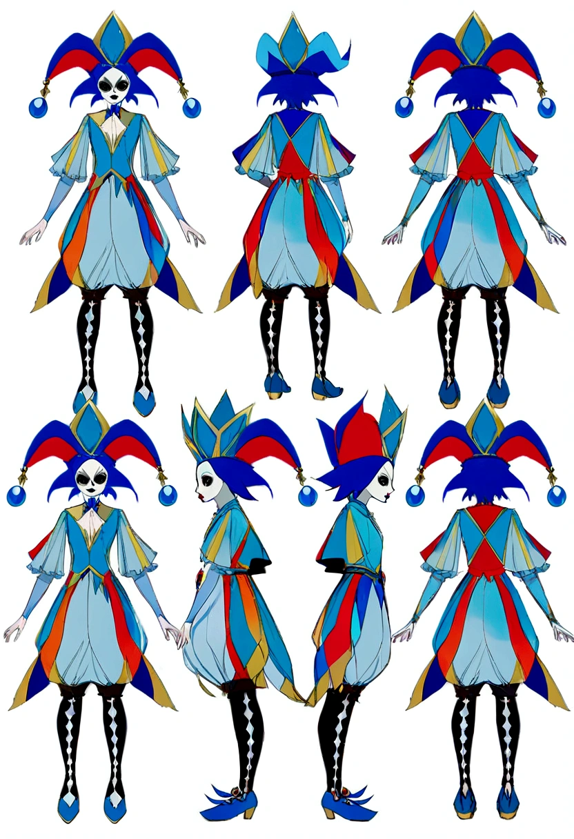 Male character, blue hair, femboy, jester, Crystal theme, multicolor clothes, fullbody and Headshot, front and back reference sheet, identity V style