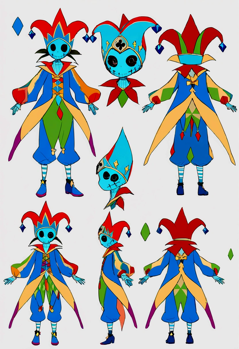 Male character, blue hair, femboy, jester, Crystal theme, multicolor clothes, fullbody and Headshot, front and back reference sheet, identity V style 