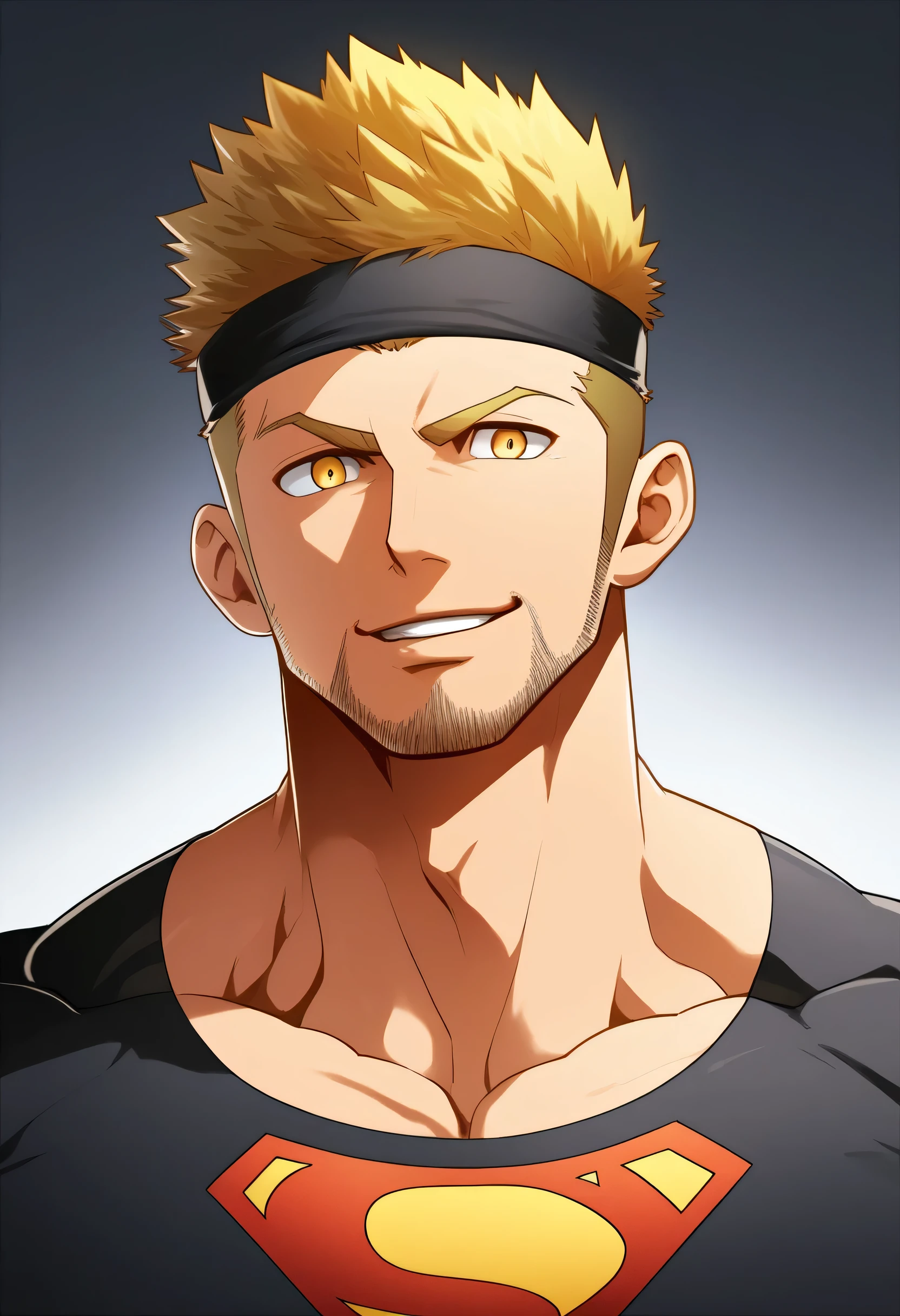 anime characters:Gyee, priapus, 1 young muscular man, male focus, sports Black headband, Black turtleneck superman tight t-shirt, superman logo, muscular male, Extra large breasts, only, Upper body, alone, Yellow short hair, stubble, Yellow eyes, Wink, White background, simple background, amazing quality, best aesthetics, Ridiculous, bright pupils, crew cut, naughty face, torogao, parted lips, best quality