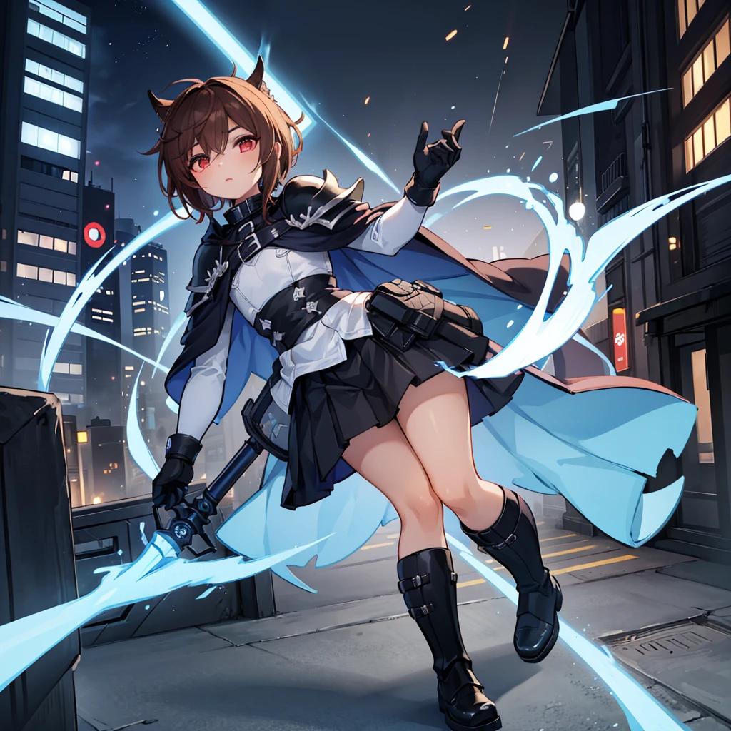 (((1boy))), Femboy, superhero, crossdresser man, teenager, in a uniform, white long sleeved shirt, long black skirt with a white stripe, with a (blue cape), a (black chest armor plate with a white decal in the middle), black gloves and black boots, long technological red sword, ((brown skinned)), red eyes, feminine shoulder length dark brown hair, (wide hips), (thick thighs), flat chest, narrow waist, walking down street a futuristic city at night ((only one character)), (((solo)))