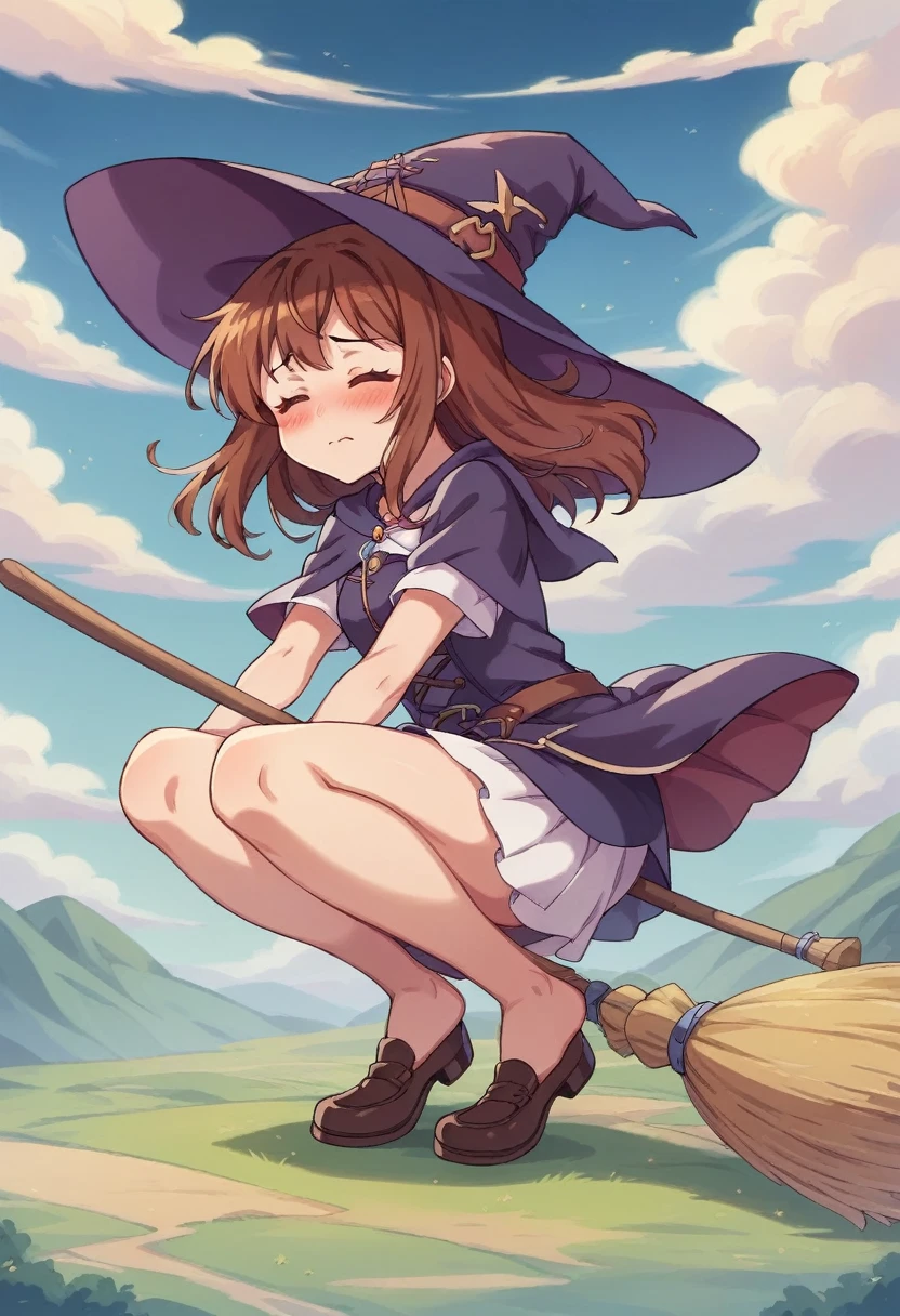 ((((空を飛ぶwitch))),((Ride a broom)),(Straddling a broom),Fantasy,Beautiful light and shadow,Anatomically correct,masterpiece,Highest quality,最高masterpiece,8K,Use of magic,witch:witchの帽子:witchの衣装:Familiar,Wind,Fantasy,wonderful,An illustration,Digital Art,wonderful,wonderful,カラーAn illustration,Rich colors,(Blushing),(Eyes closed),(Mouth closed),(Holding the end of the broom tightly with both hands),(slightly squatting),(Both feet are on the ground),(Both feet are wearing shoes),（ One broom handle、The broom handle is connected）,(The tips of the broom face backwards)