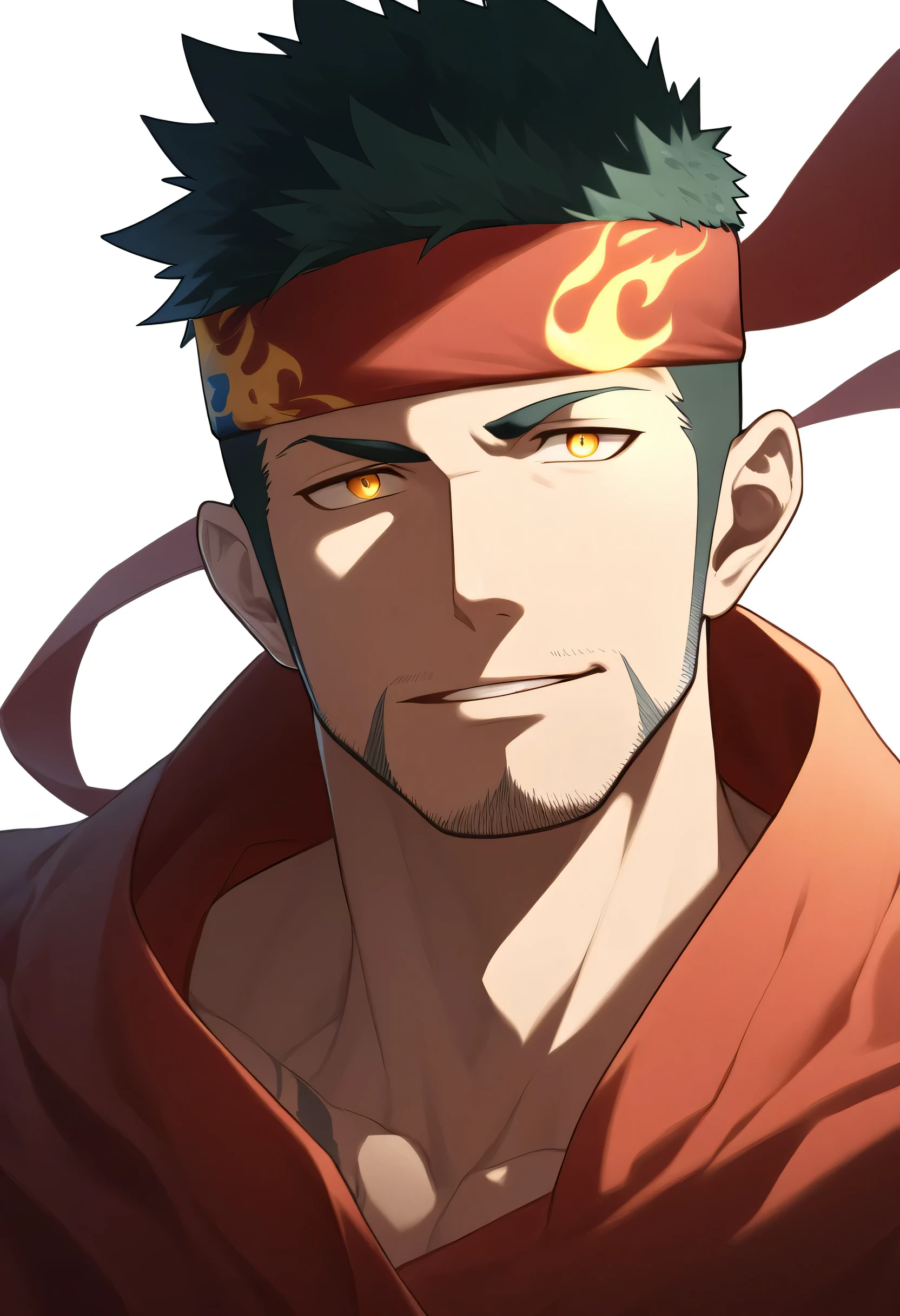anime characters:Gyee, priapus, 1 muscular man god, Flame tattoo, sports Red headband, Priestly robes, muscular male, muscular, only, Upper body, alone, Black short hair, Thick eyebrows, stubble, Yellow eyes, White background, simple background, amazing quality, best aesthetics, Ridiculous, bright pupils, crew cut, naughty face, torogao, parted lips, god rays, chiaroscuro, drop shadow, best quality