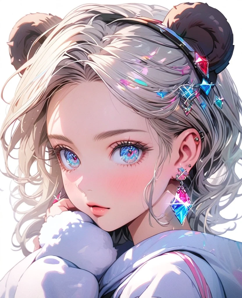 8K,gal，an extremely delicate and beautiful,Beautiful and realistic skin,Shiny jewel-like earrings,Long colorful hair,beautiful eyes,whole body,head to toe,beautiful regs,bear costume