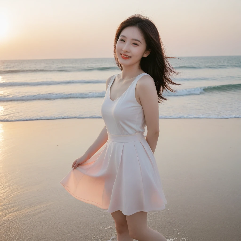 sunset red sun on the beach,A strong afterglow is reflected in the sea., Beautiful 36 year old short Korean woman, Chest size 34 inches, Wear sleeveless, light skirt. beautiful pretty woman look , wearing a light skirt , Go far into the sea water and dip your toes., Short medium hair blowing in the wind, 1 short woman, beautiful eyes, a little smile, Full body photo from a distance with a wide angle lens, The background is clear and perfect, waves driven by the wind