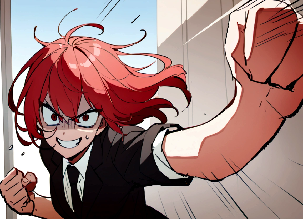 Red hair、Black suit、punch、Scary smile、office、Daytime、punching,Front facing,Momentum、Front facing