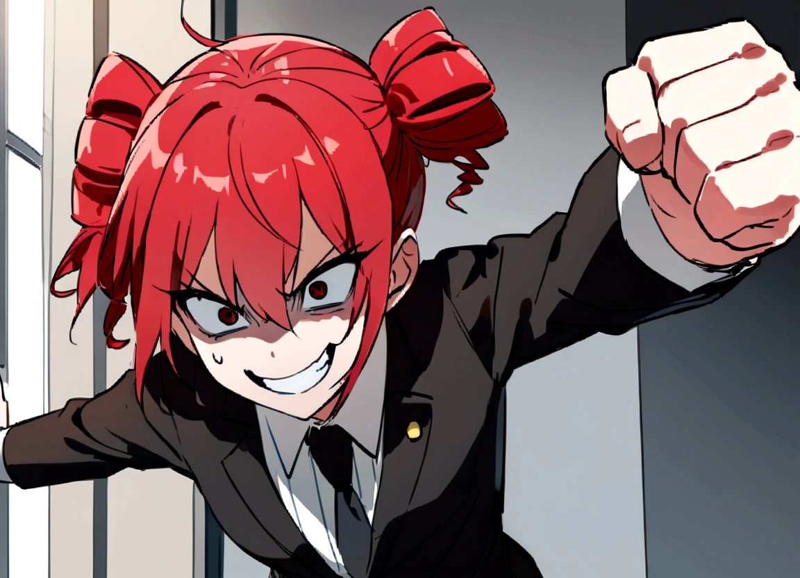 Red hair、Black suit、punch、Scary smile、office、Daytime、punching,Front facing,Momentum、Front facing