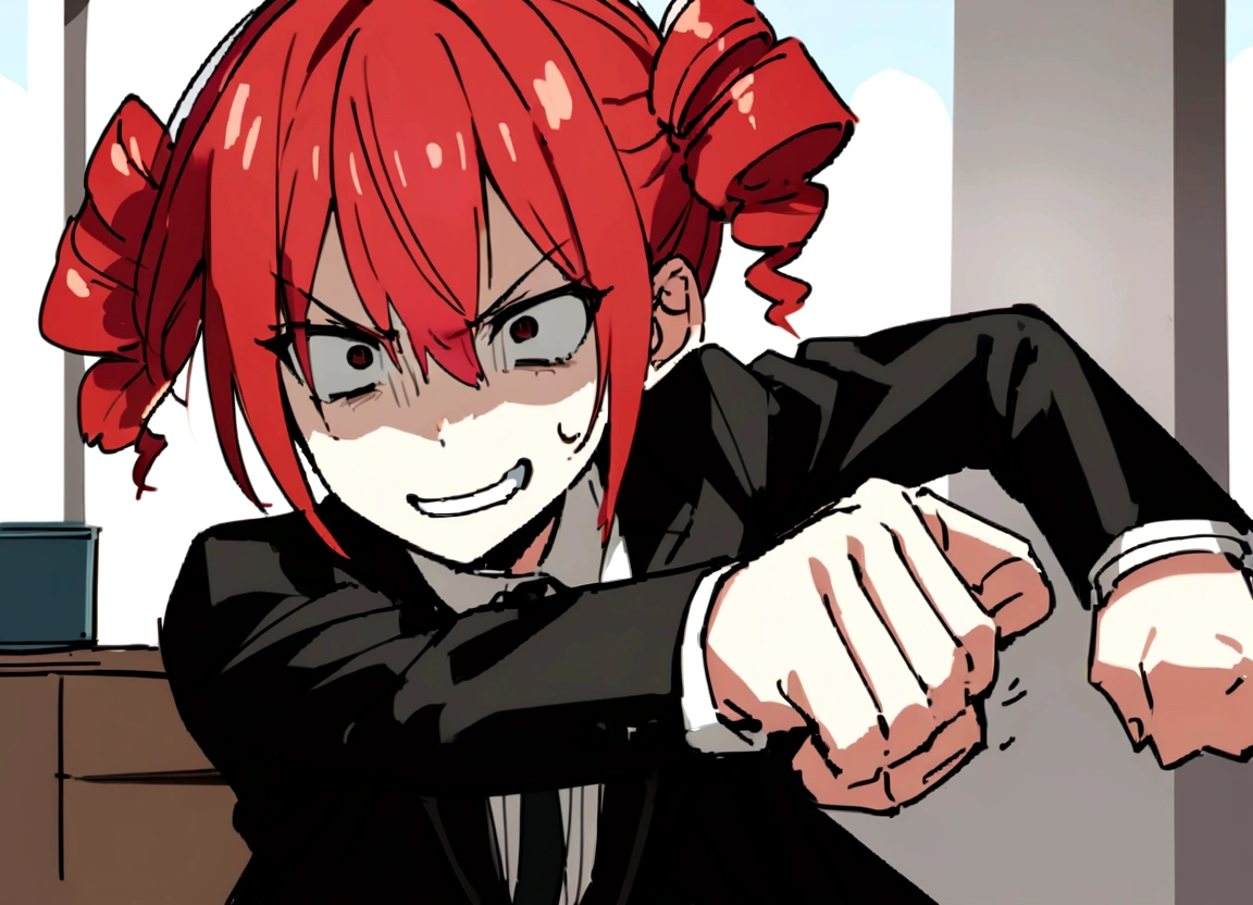 Red hair、Black suit、punch、Scary smile、office、Daytime、punching,Front facing,Momentum、Front facing