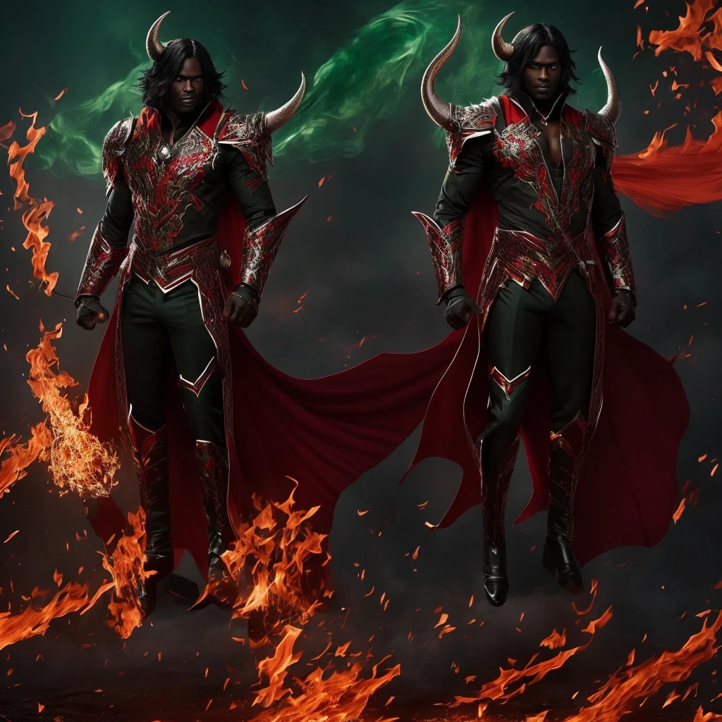 Male character, handsome, dark skin, black wings, wearing a red suit, long white hair, emerald green eyes, his appearance is that of a fire demon, his body is that of a fire demon with giant horns, an intimidating appearance, his appearance is identical to that of the fire demon Ifrit