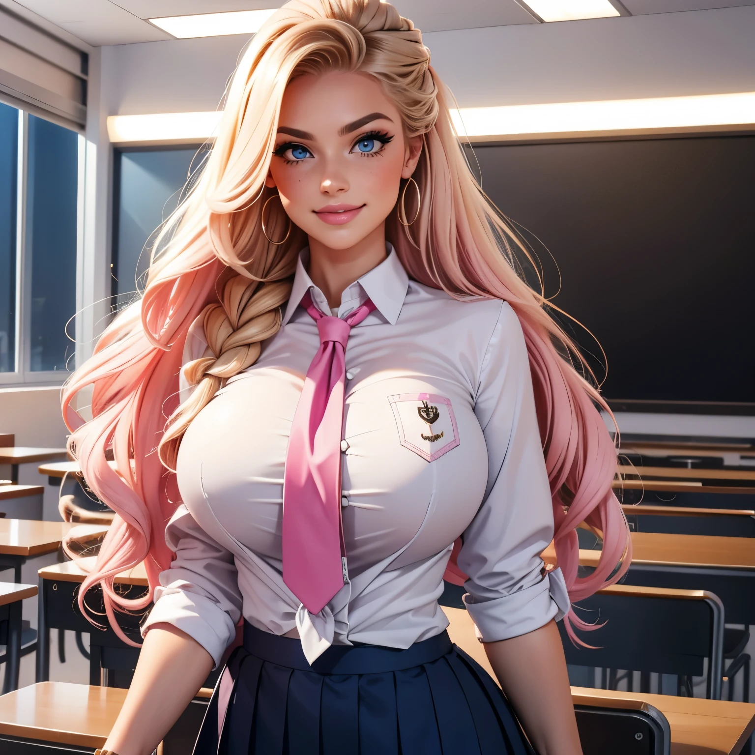 blonde, very long ponytail, very curly hair, French braid through ponytail, huge , massive , even bigger , bright blue eyes, high quality eyes, buttons, freckles, pink tartan skirt, very big very curly hair, armband, classroom, uniform, smile,   skin tight clothes,  come hither face, sultry face, tie, pink, pink, pink, hair up, night, night time, blazer