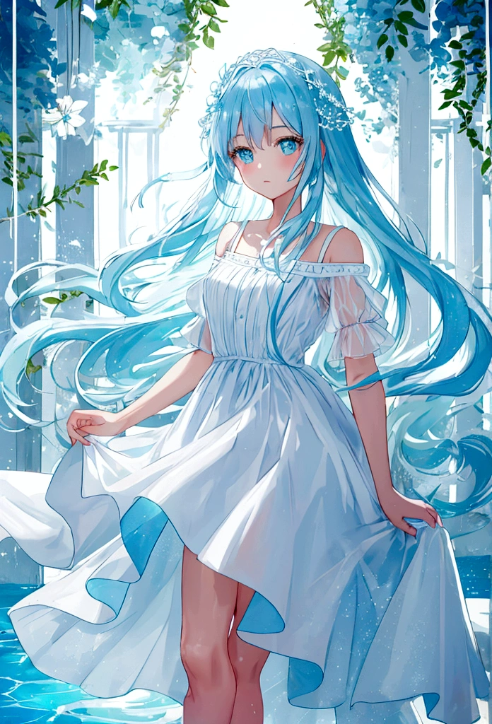 Beautiful girl, long light blue hair, white short dress, light blue clear water, 