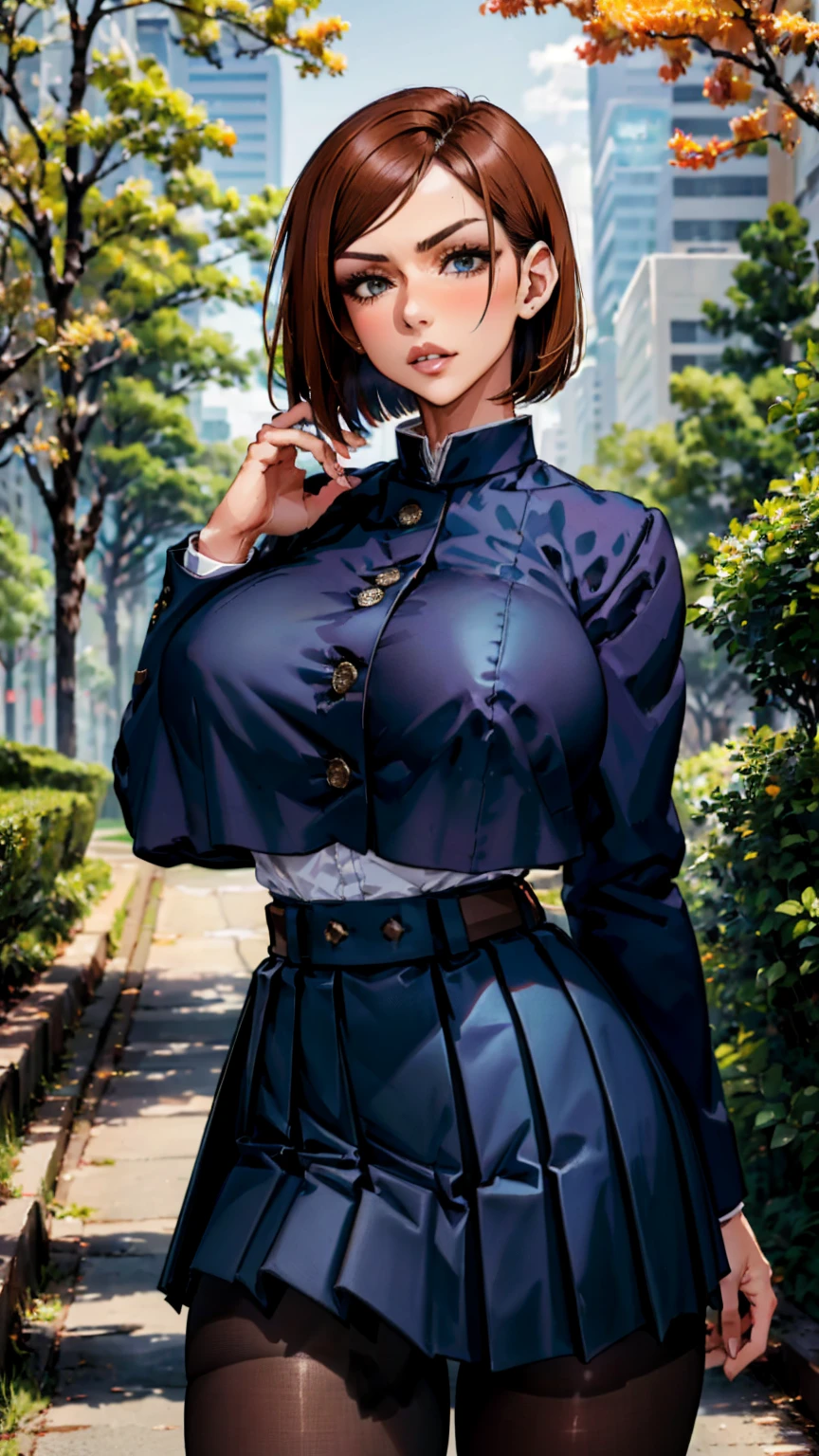 (masterpiece, best quality, ultra detailed, absurdres)1.5, 1girl, (sexy, beautiful woman, perfect face, perfect eyes, perfect female body, huge breasts)1.5, (nobara kugisaki, bob cut, brown hair, lips, short hair, belt, brown belt, brown pantyhose, crop top, crop top overhang, JUJUTSU TECH UNIFORM, jacket, gakuran, pantyhose, pleated skirt, shirt tucked in, skirt, blue skirt, blue crop top, ), (standing in the Park
