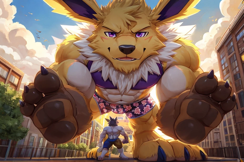 Giant Anthropomorphic Jolteon Pokemon Man, Purple Eyes, Muscular, Looming over the viewer, Tired, Handsome, Charming, View from below, Daddy, Bara, , Flirty, Older Brother, Four toed feet, teasy, teasing the viewer, Macro, Bully, Jock, flirting with tiny viewer, Floral Swimshorts