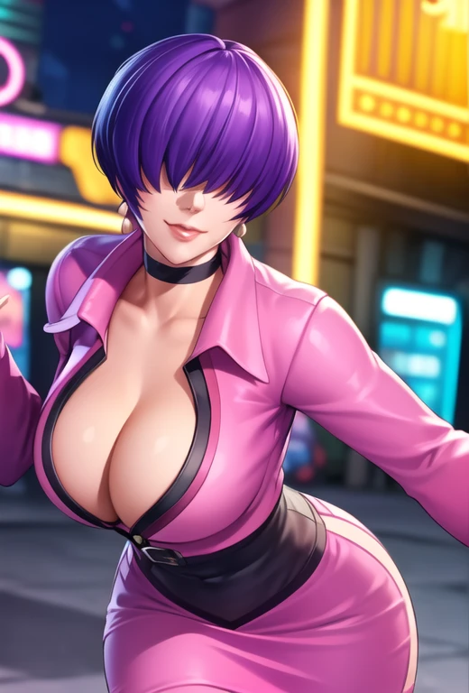 (night),in a video game scene with a neon background and a neon light,
Standing at attention,
pink outfit,pink jacket,choker, cleavage cutout, clothing cutout, 
earrings,
 purple hair,bangs,((hair over eyes)),
1 girl, 20yo,Young female,Beautiful Finger,Beautiful long legs,Beautiful body,Beautiful Nose,Beautiful character design, perfect face,
looking at viewer,(Focus on her face),closed mouth,Light_Smile,
official art,extremely detailed CG unity 8k wallpaper, perfect lighting,Colorful, Bright_Front_face_Lighting,shiny skin,
(masterpiece:1.0),(best_quality:1.0), ultra high res,4K,ultra-detailed,
photography, 8K, HDR, highres, absurdres:1.2, Kodak portra 400, film grain, blurry background, bokeh:1.2, lens flare, (vibrant_color:1.2),professional photograph,
(Beautiful,large_Breasts:1.4), (beautiful_face:1.5),(narrow_waist),