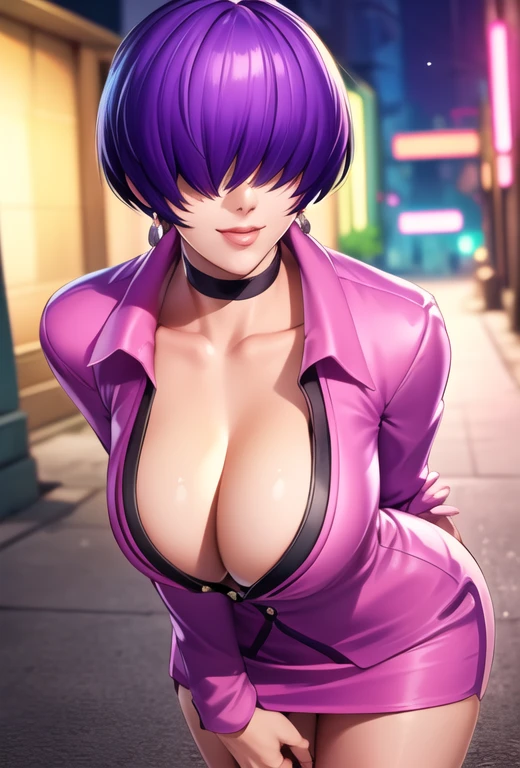 (night),in a video game scene with a neon background and a neon light,
Standing at attention,
pink outfit,pink jacket,choker, cleavage cutout, clothing cutout,
earrings,
purple hair,bangs,((hair over eyes)),
1 girl, 20yo,Young female,Beautiful Finger,Beautiful long legs,Beautiful body,Beautiful Nose,Beautiful character design, perfect face,
looking at viewer,(Focus on her face),closed mouth,Light_Smile,
official art,extremely detailed CG unity 8k wallpaper, perfect lighting,Colorful, Bright_Front_face_Lighting,shiny skin,
(masterpiece:1.0),(best_quality:1.0), ultra high res,4K,ultra-detailed,
photography, 8K, HDR, highres, absurdres:1.2, Kodak portra 400, film grain, blurry background, bokeh:1.2, lens flare, (vibrant_color:1.2),professional photograph,
(Beautiful,large_Breasts:1.4), (beautiful_face:1.5),(narrow_waist),