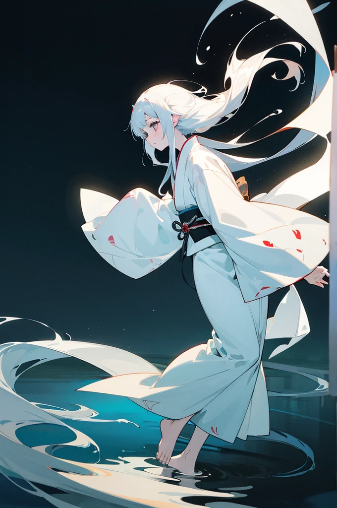 Anime ghost girl with long black hair and pale human soul flying around in white kimono,pale skin, Flowing white kimono, Willow and lake surface at night,anime girl walking on water, Kimono with long hair, Flowing magic kimono, Wear a flowing kimono, a beautiful artwork illustration, Ghost Girl, ethereal anime, Flowing kimono, palatial palace , Japanese style girl,